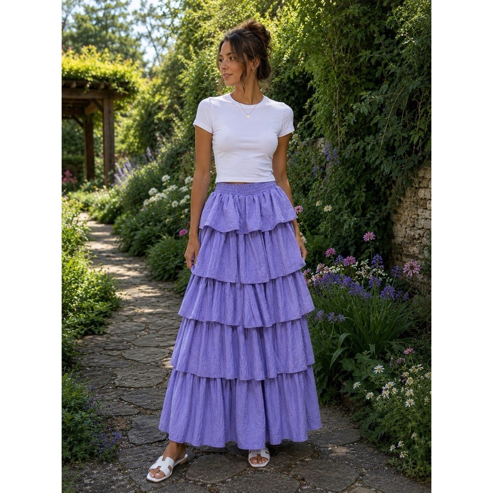 Shop Neighbor Tiered Ruffle Maxi Skirt Light Purple Prairie Cottagecore Medium